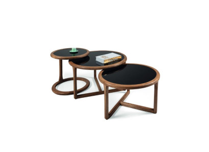 Designer coffee table set 3 pieces. Living room Wood Modern brown glass table Round luxury